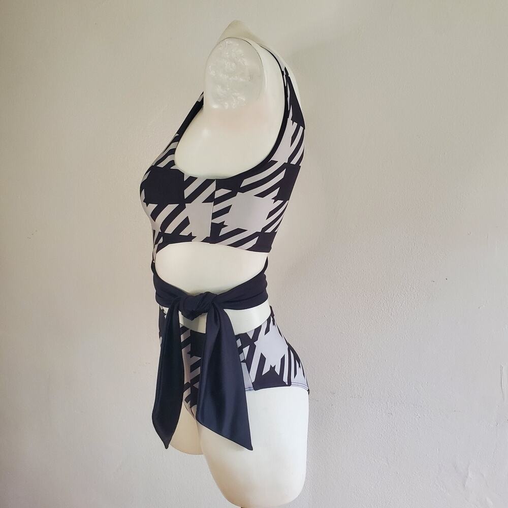 Revolve Beach Riot Carlie One Piece Swimsuit XS Houndstooth Belted Cutout NEW - Picture 2 of 16